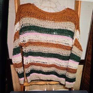 Cozy Striped Knit Sweater - Brown, Green, Pink